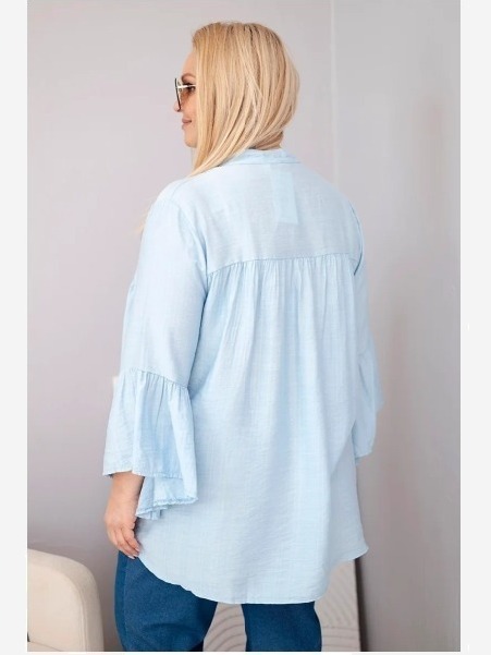 Dámska viskózová blúzka Plus Size s volánovým rukávom a výstrihom do V modrá