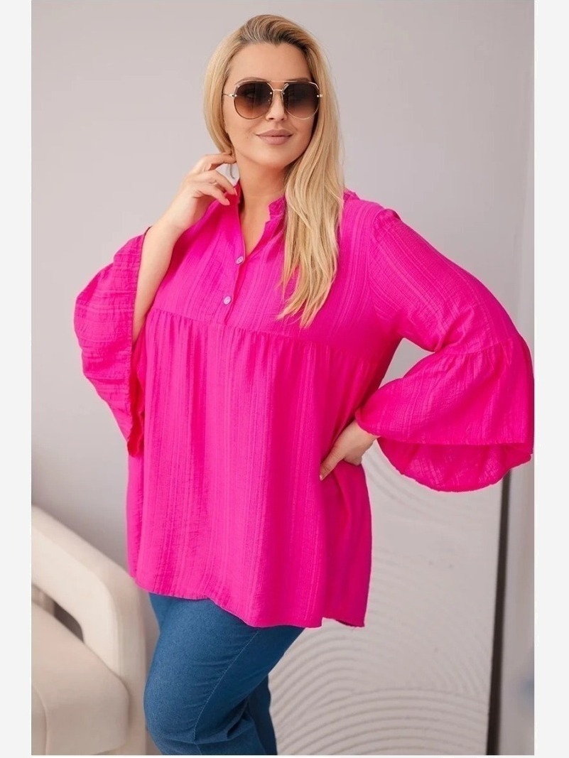 Dámska viskózová blúzka Plus Size s volánovým rukávom a výstrihom do V fuchsiová