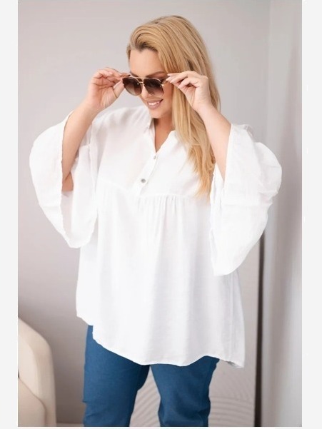 Dámska viskózová blúzka Plus Size s volánovým rukávom a výstrihom do V biela
