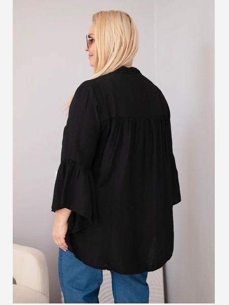 Dámska viskózová blúzka Plus Size s volánovým rukávom a výstrihom do V čierna