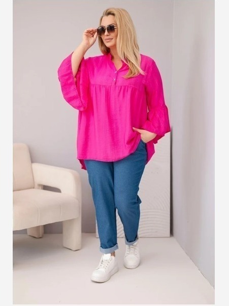 Dámska viskózová blúzka Plus Size s volánovým rukávom a výstrihom do V fuchsiová