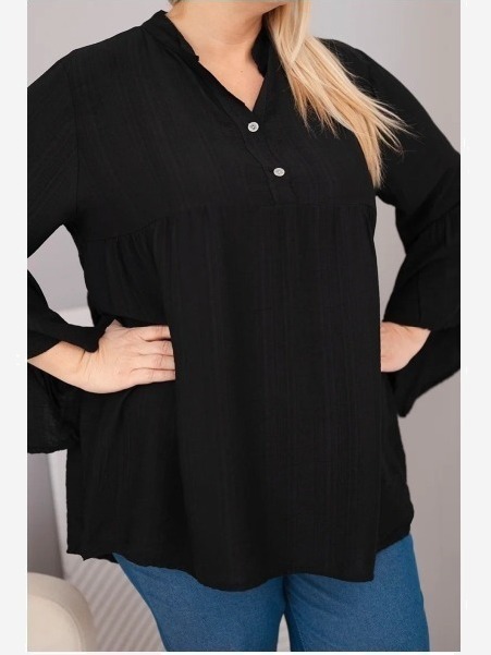 Dámska viskózová blúzka Plus Size s volánovým rukávom a výstrihom do V čierna