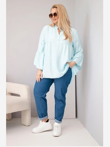 Dámska viskózová blúzka Plus Size s volánovým rukávom a výstrihom do V mentolová
