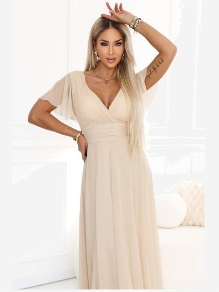 635-9 MELANIA Dlhé lesklé šaty na svadbu s výstrihom a krátkym rukávom - béžové
