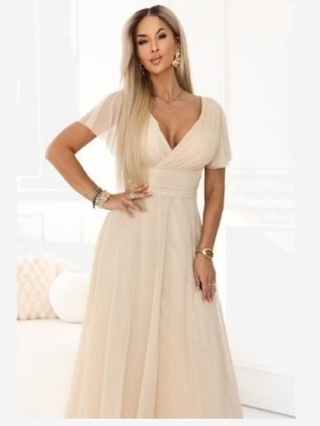 635-9 MELANIA Dlhé lesklé šaty na svadbu s výstrihom a krátkym rukávom - béžové
