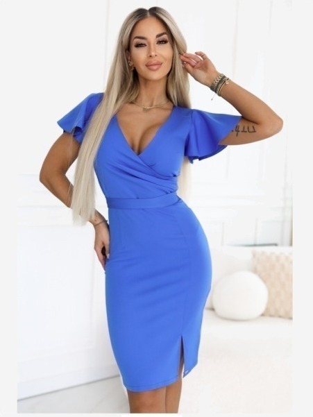 479-12 NINA Elegantné šaty s prekríženým výstrihom, rukávikom a opaskom - kráľovská modrá