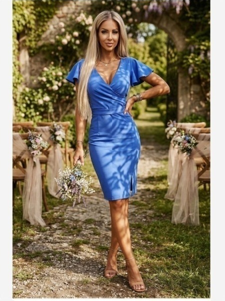 479-12 NINA Elegantné šaty s prekríženým výstrihom, rukávikom a opaskom - kráľovská modrá