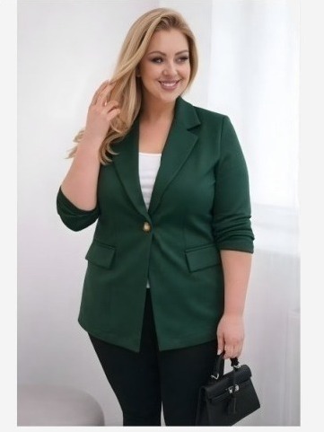 Dámske sako z viskózy Plus Size s dlhým rukávom a golierom tmavozelené