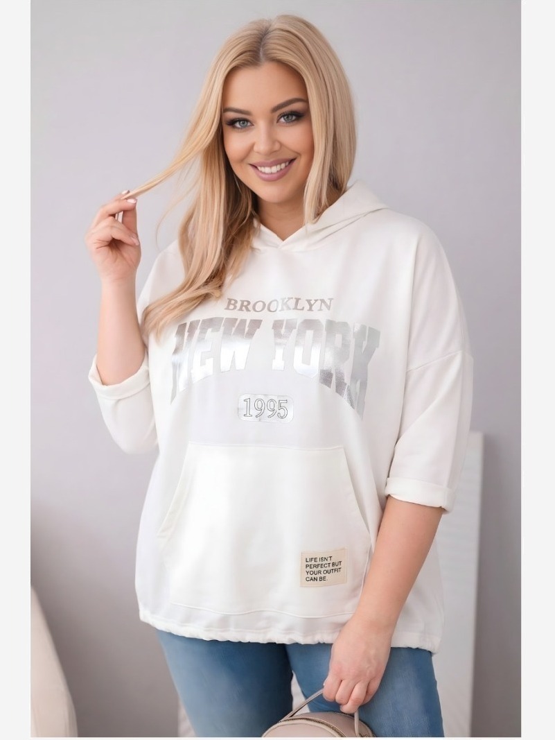 Dámska mikina Plus Size z viskózy s kapucňou a klokaním vreckom ecru