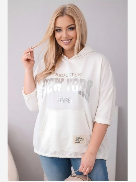 Dámska mikina Plus Size z viskózy s kapucňou a klokaním vreckom ecru