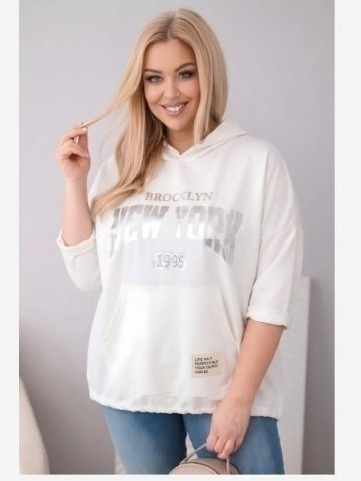 Dámska mikina Plus Size z viskózy s kapucňou a klokaním vreckom ecru