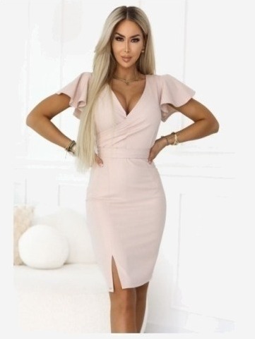 479-13 NINA Elegantné šaty s obálkovým výstrihom, rukávom a pásom - béžové s trblietkami