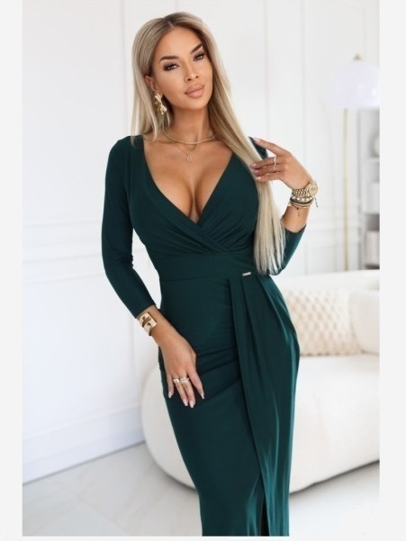 404-15 Elegantné dlhé šaty s obálkovým výstrihom a rozparkom - fľašková zeleň