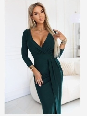 404-15 Elegantné dlhé šaty s obálkovým výstrihom a rozparkom - fľašková zeleň