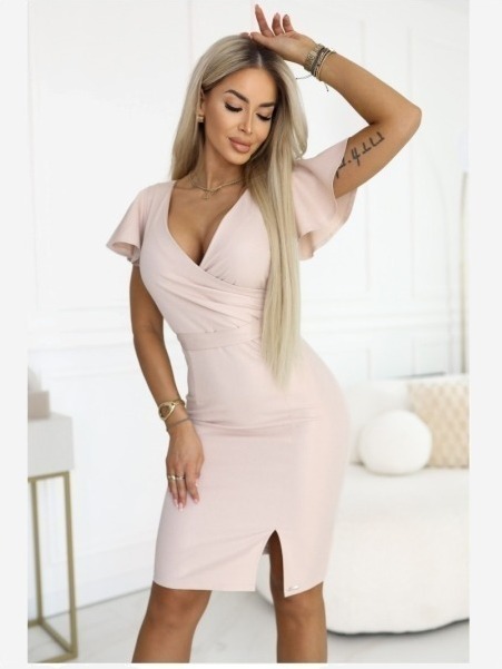 479-13 NINA Elegantné šaty s obálkovým výstrihom, rukávom a pásom - béžové s trblietkami