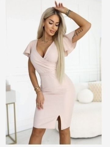 479-13 NINA Elegantné šaty s obálkovým výstrihom, rukávom a pásom - béžové s trblietkami