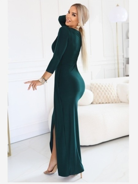 404-15 Elegantné dlhé šaty s obálkovým výstrihom a rozparkom - fľašková zeleň