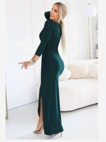 404-15 Elegantné dlhé šaty s obálkovým výstrihom a rozparkom - fľašková zeleň