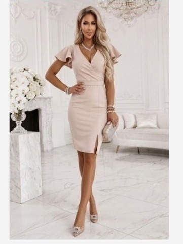 479-13 NINA Elegantné šaty s obálkovým výstrihom, rukávom a pásom - béžové s trblietkami