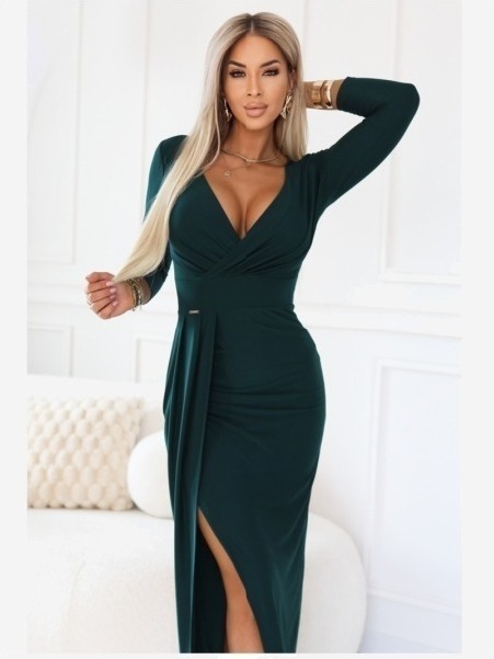 404-15 Elegantné dlhé šaty s obálkovým výstrihom a rozparkom - fľašková zeleň