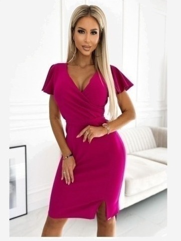 479-14 NINA Šaty s obálkovým výstrihom, rukávom a opaskom - sýta fuksiová