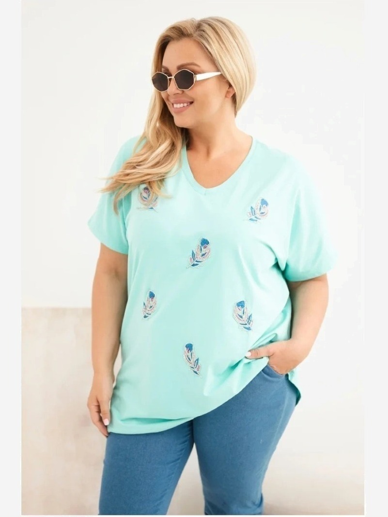 Dámska bavlnená blúzka Plus Size s pierkami mätová