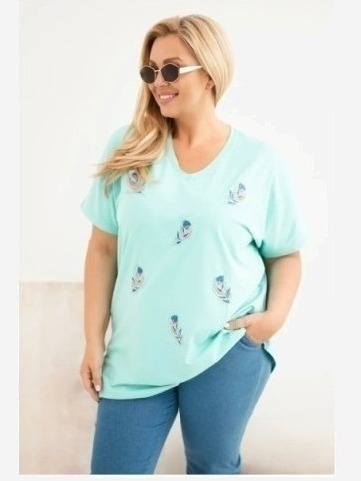 Dámska bavlnená blúzka Plus Size s pierkami mätová