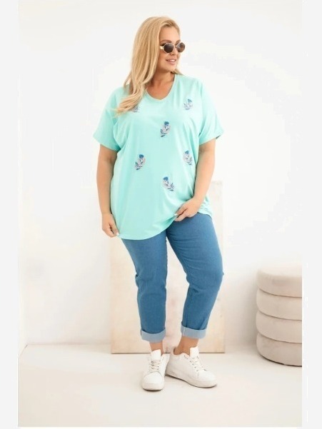 Dámska bavlnená blúzka Plus Size s pierkami mätová