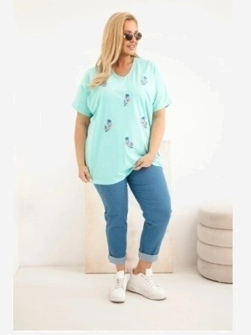 Dámska bavlnená blúzka Plus Size s pierkami mätová
