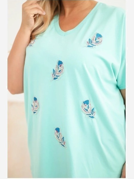 Dámska bavlnená blúzka Plus Size s pierkami mätová