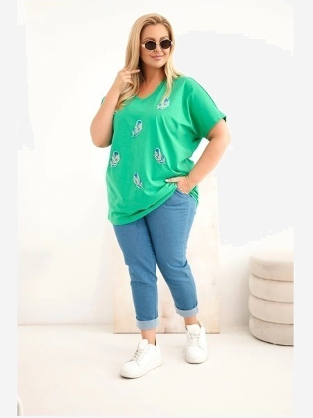 Dámska bavlnená blúzka Plus Size s pierkami zelená