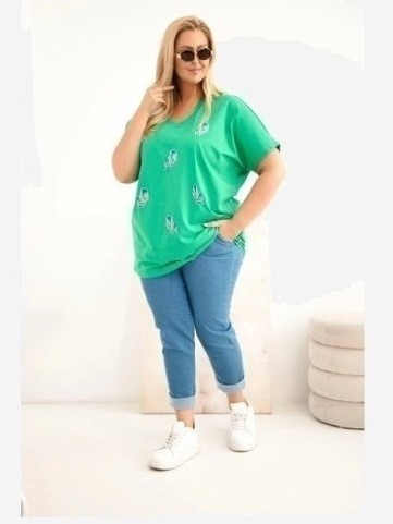 Dámska bavlnená blúzka Plus Size s pierkami zelená