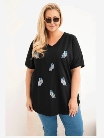 Dámska bavlnená blúzka Plus Size s pierkami čierna