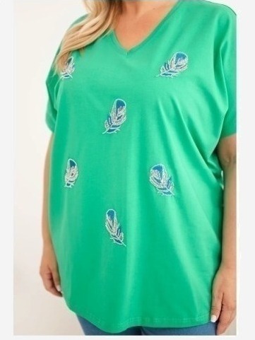 Dámska bavlnená blúzka Plus Size s pierkami zelená