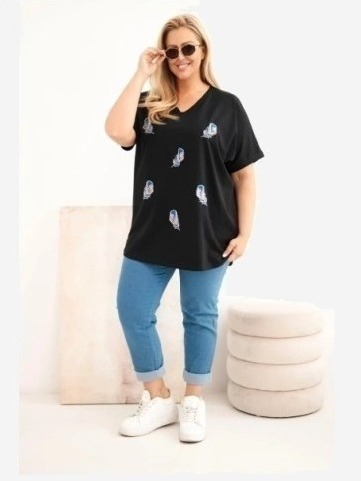 Dámska bavlnená blúzka Plus Size s pierkami čierna