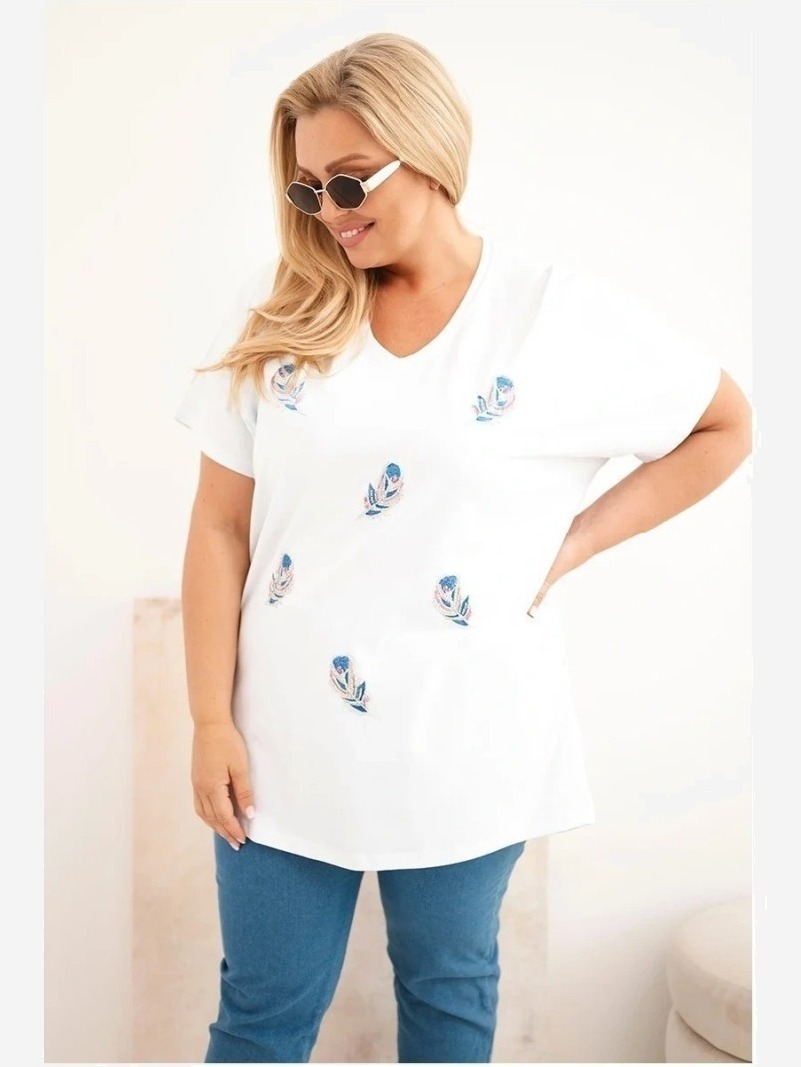 Dámska bavlnená blúzka Plus Size s pierkami biela