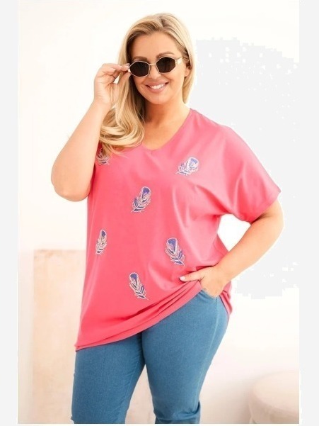 Dámska bavlnená blúzka Plus Size s pierkami ružová