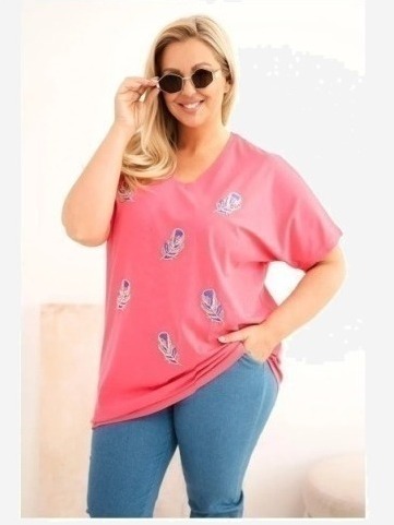 Dámska bavlnená blúzka Plus Size s pierkami ružová