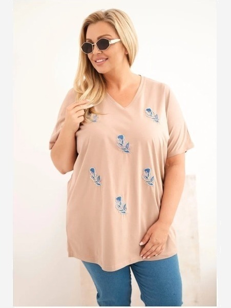 Dámska bavlnená blúzka Plus Size s pierkami camelová