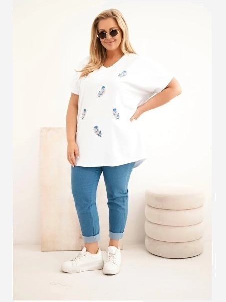 Dámska bavlnená blúzka Plus Size s pierkami biela
