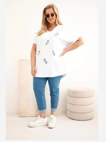 Dámska bavlnená blúzka Plus Size s pierkami biela