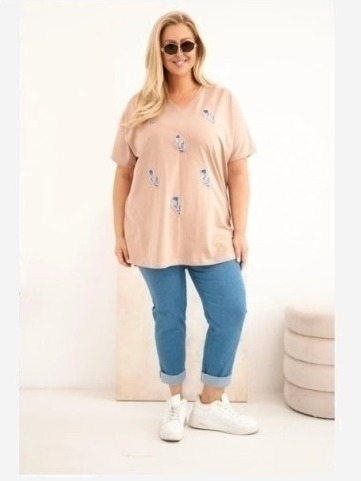 Dámska bavlnená blúzka Plus Size s pierkami camelová