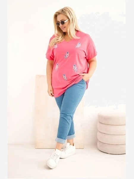 Dámska bavlnená blúzka Plus Size s pierkami ružová