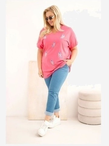 Dámska bavlnená blúzka Plus Size s pierkami ružová