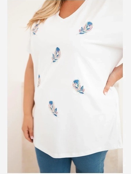 Dámska bavlnená blúzka Plus Size s pierkami biela