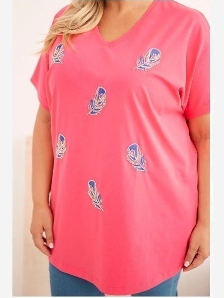 Dámska bavlnená blúzka Plus Size s pierkami ružová