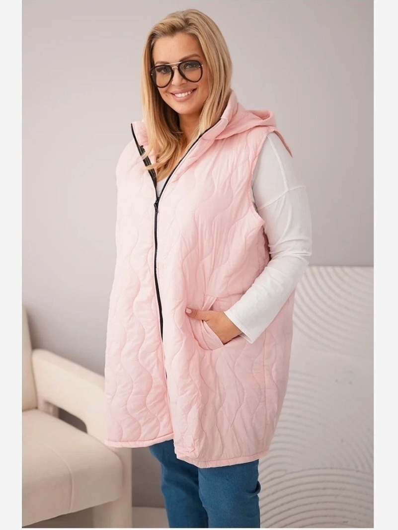 Dámska prešívaná vesta Plus Size s kapucňou cukríková ružová