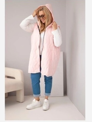 Dámska prešívaná vesta Plus Size s kapucňou cukríková ružová