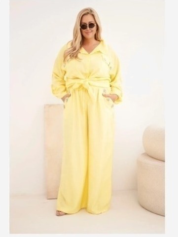 Dámsky komplet Plus Size s košeľou a širokými nohavicami žltý