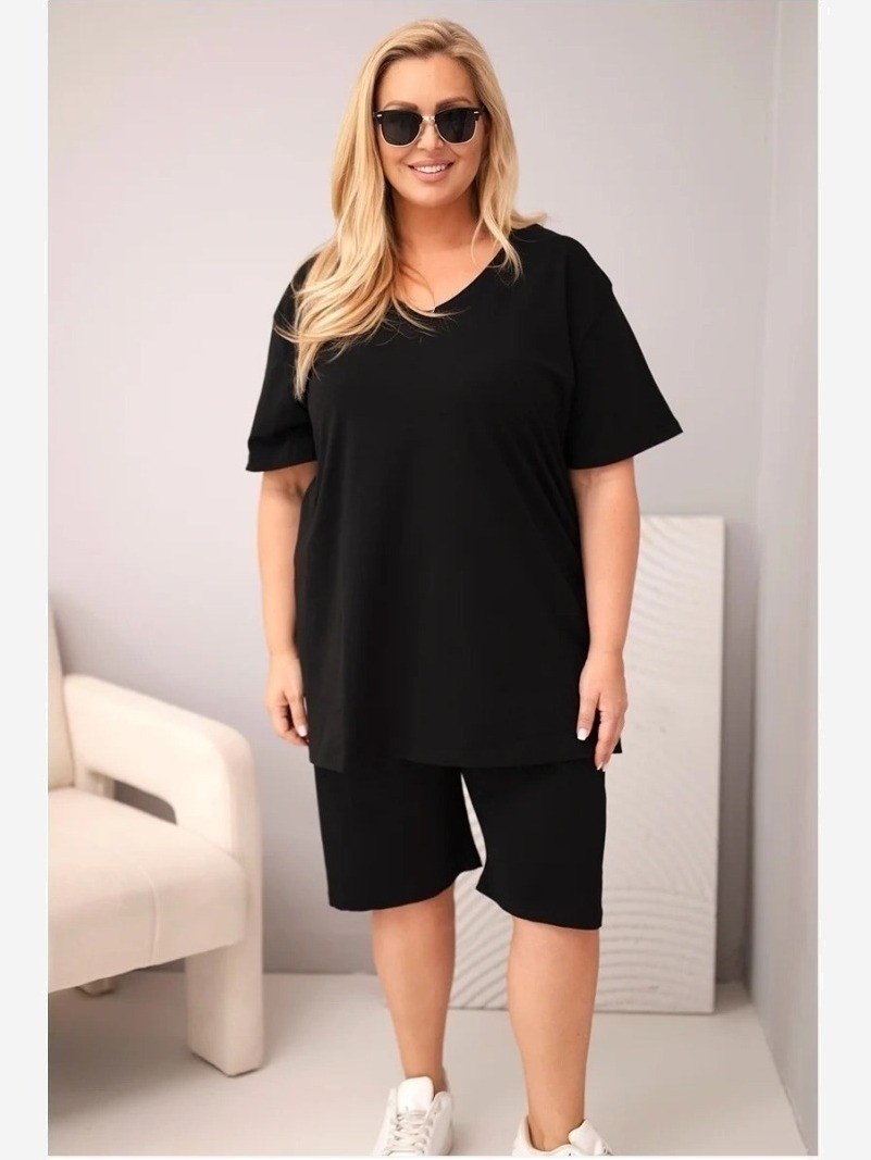 Dámsky bavlnený komplet Plus Size s blúzkou a šortkami čierny